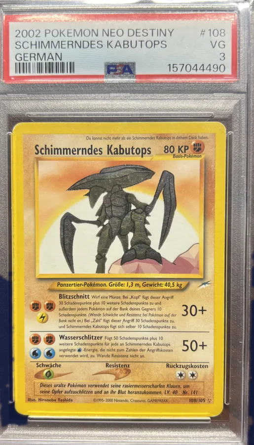 PSA-Slab Schimmerndes Kabutops aus Neo Destiny (2002, deutsch), Note 3, mit Seriennummer auf dem Etikett