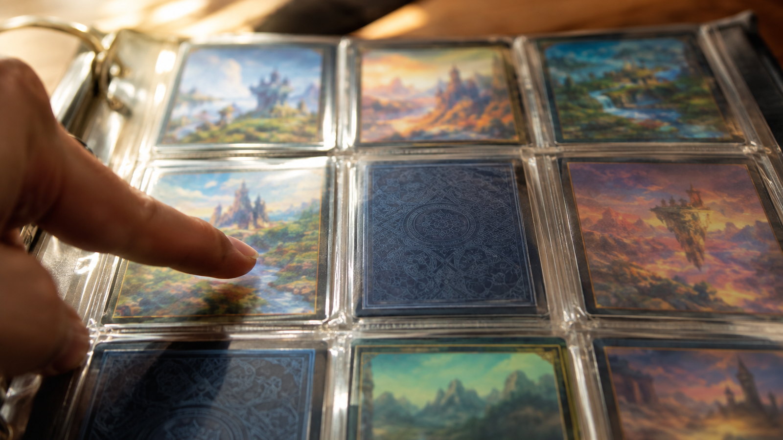 A finger points at a card on a nine-pocket binder page