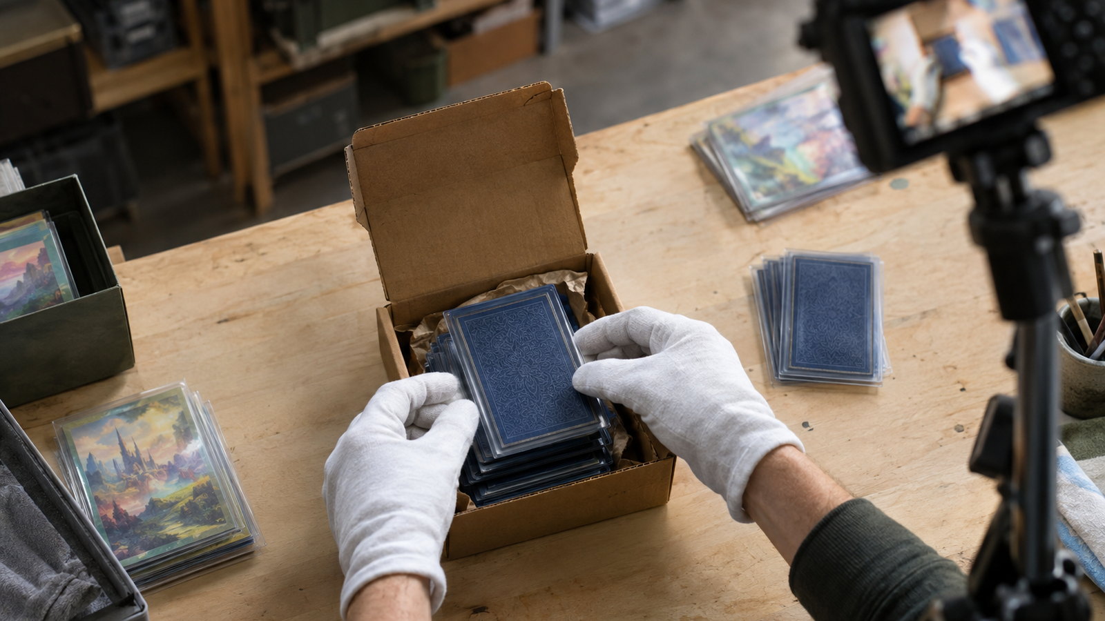 Hände in Baumwollhandschuhen öffnen ein Paket mit Karten, eine Kamera filmt von oben
