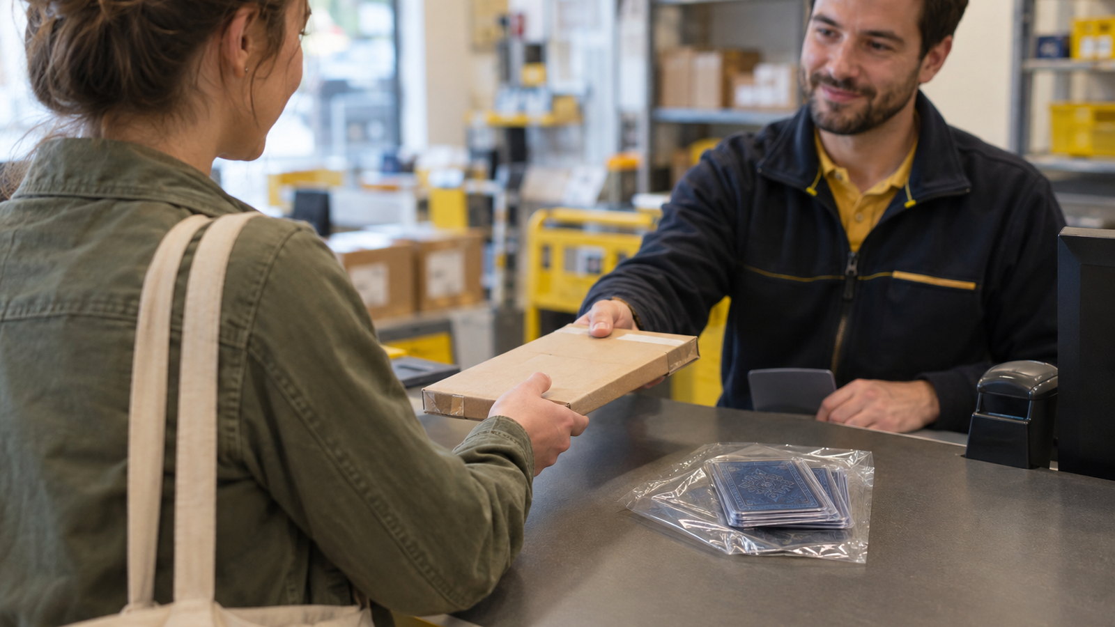 Eine junge Frau gibt in einer Postfiliale ein kleines Paket mit Karten am Schalter ab