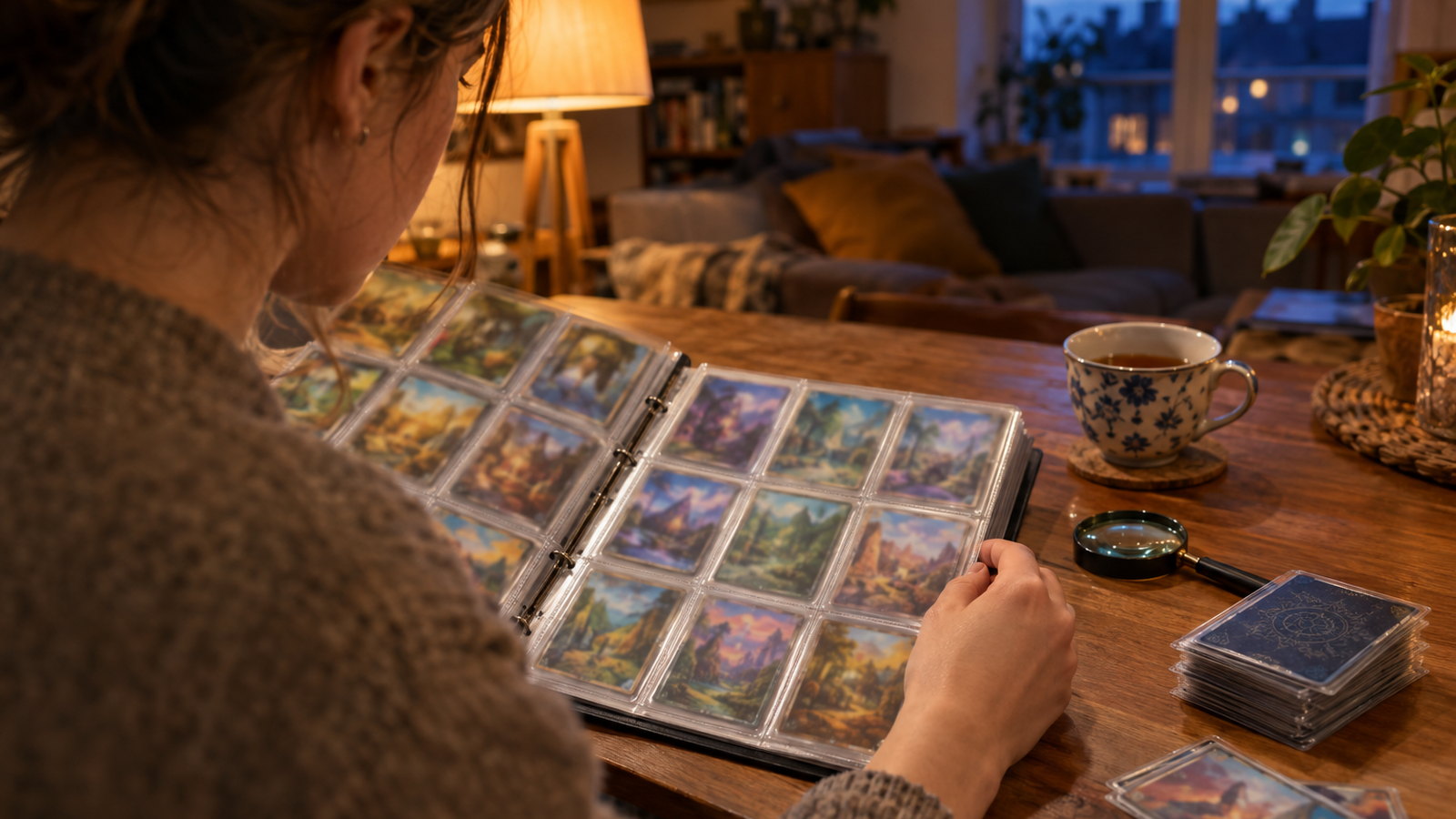A collector browses her binder in the evening
