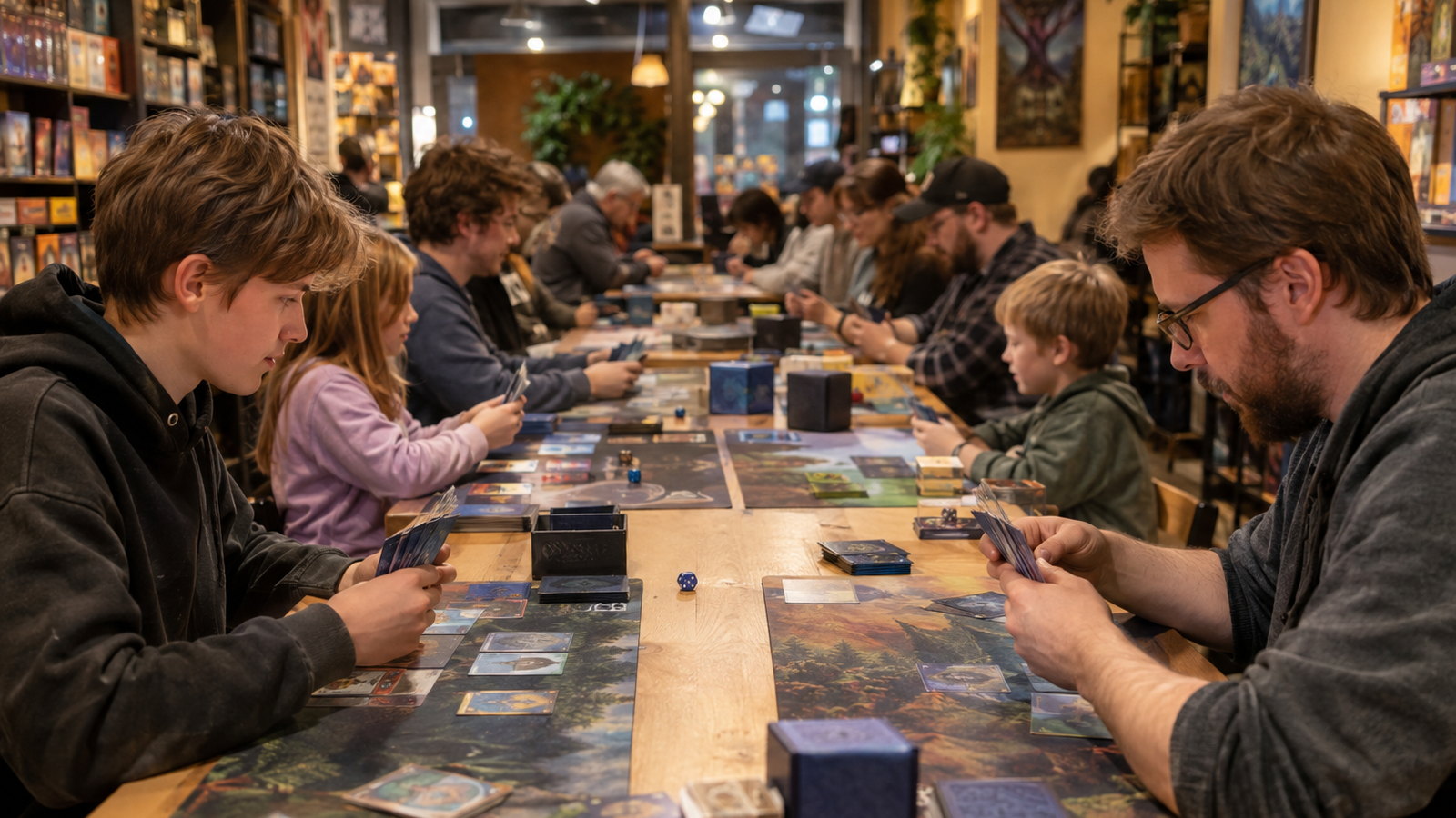 Spielerinnen und Spieler beim Vorabturnier in einem Spieleladen