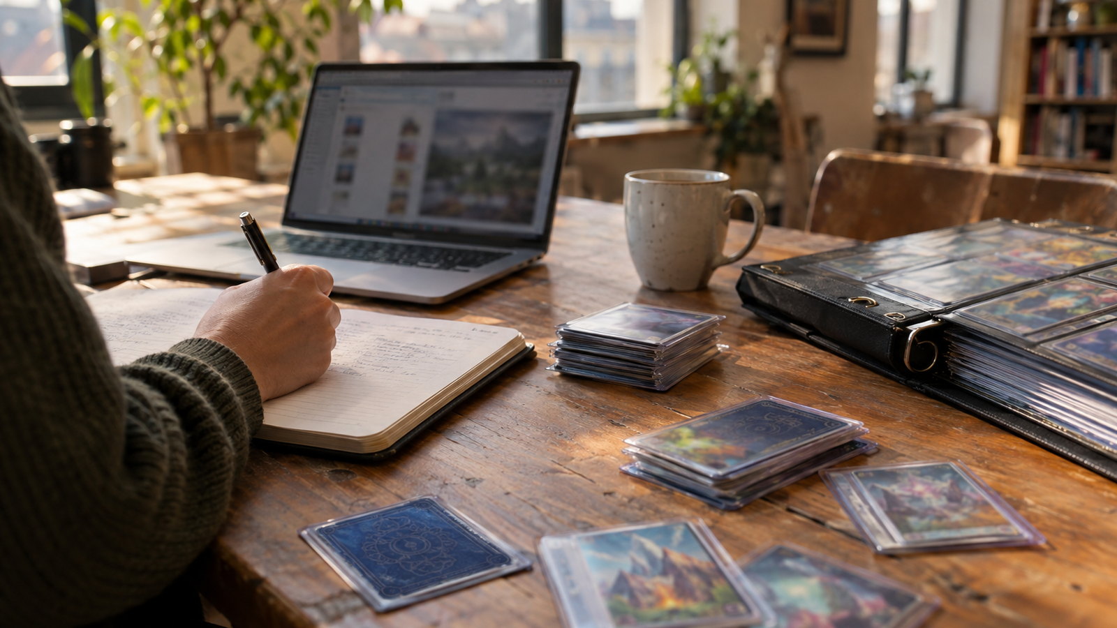 Ein Redaktionstisch mit Laptop, Notizbuch, Sammelordner und Karten