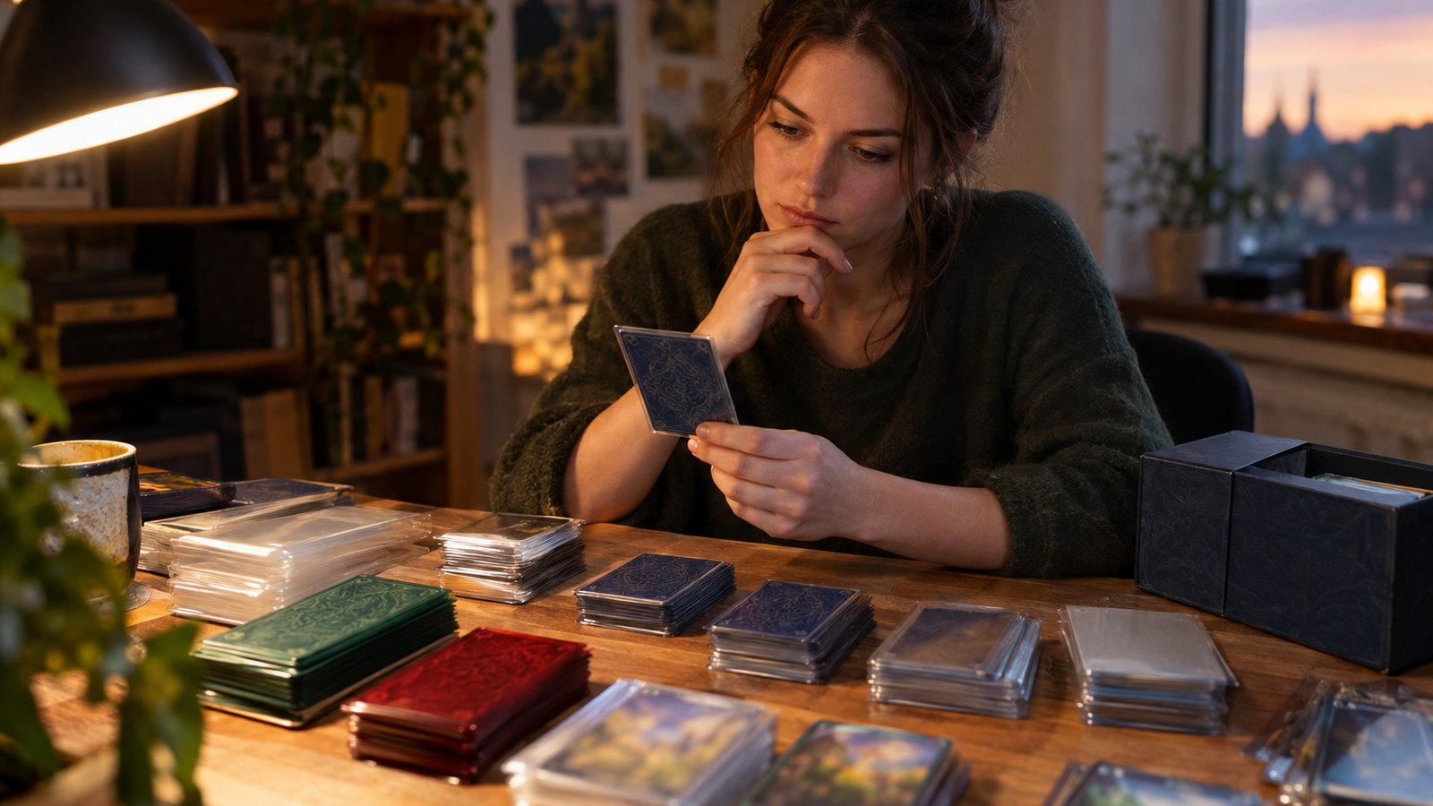 Eine Spielerin baut am Schreibtisch ihr Deck zusammen
