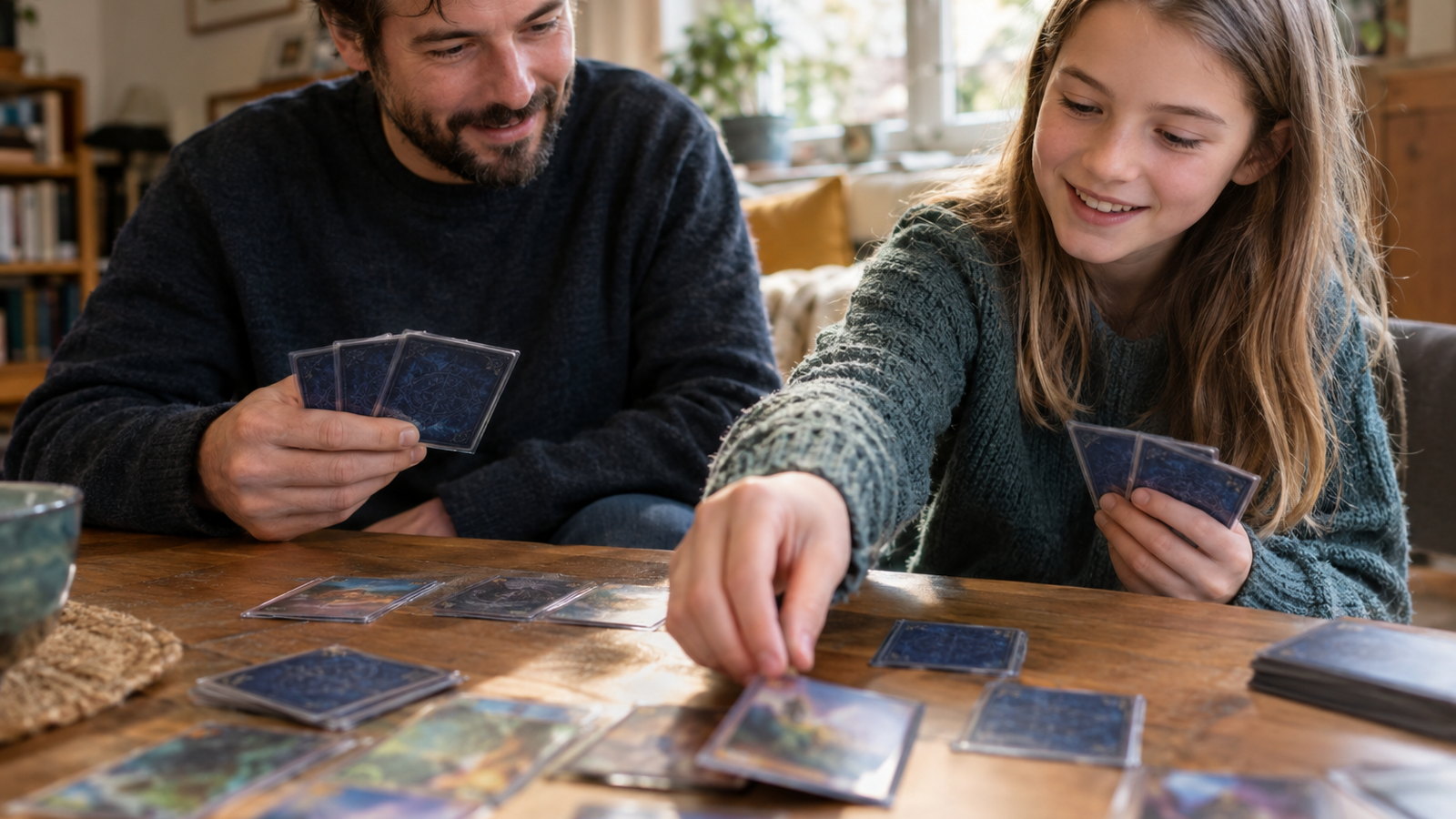 Ein Vater und seine Tochter spielen am Wohnzimmertisch Karten