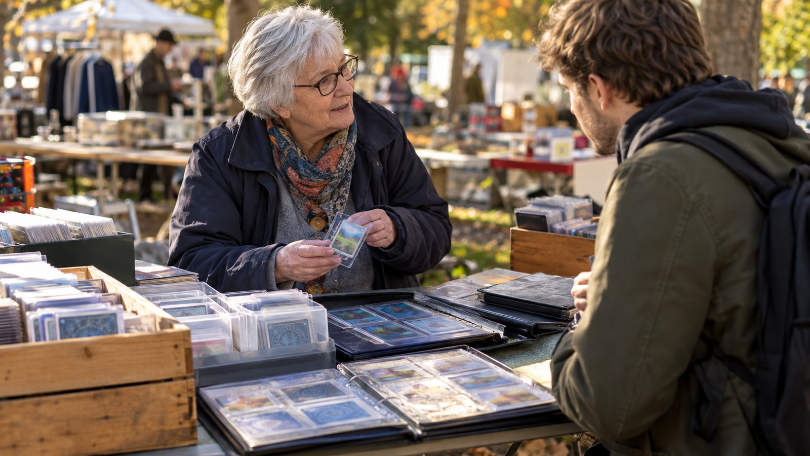 Ein Kartenstand auf einem Flohmarkt in der Herbstsonne