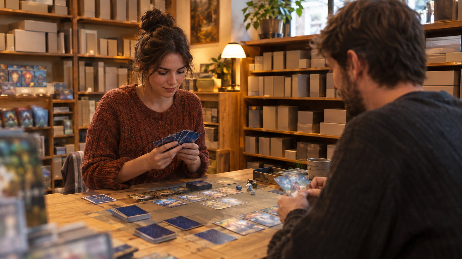 Zwei Spieler an einem Tisch in einem gemütlichen Spieleladen