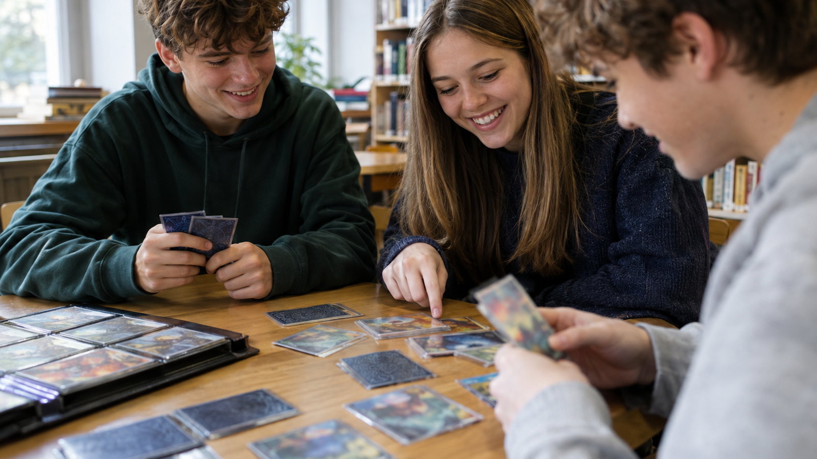 Drei Jugendliche tauschen in einer Bibliothek Karten