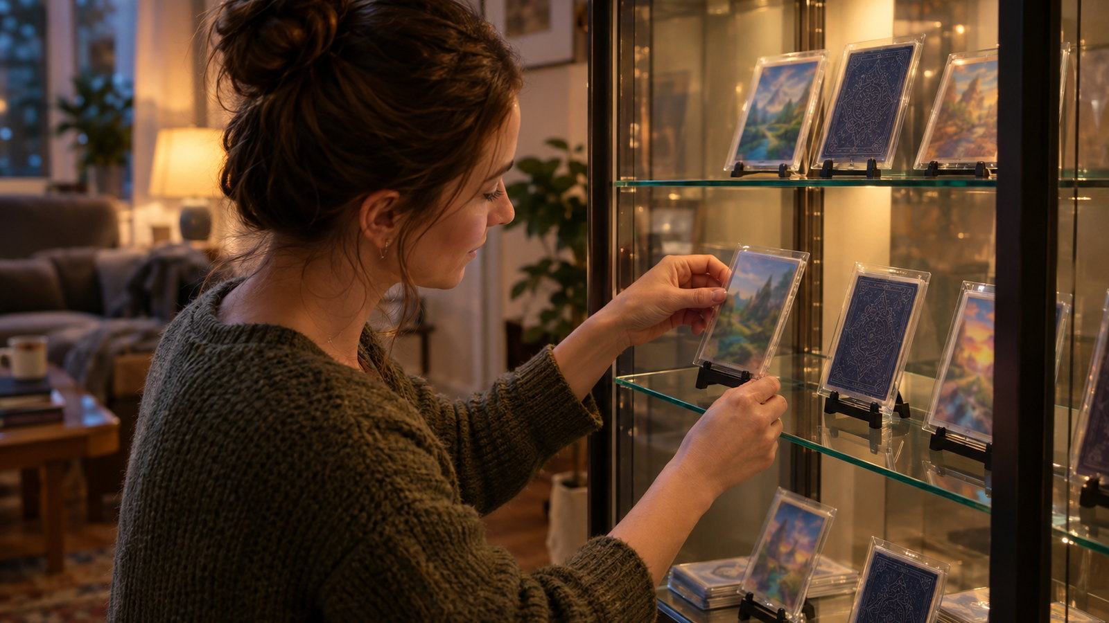A collector places graded cards in her display cabinet