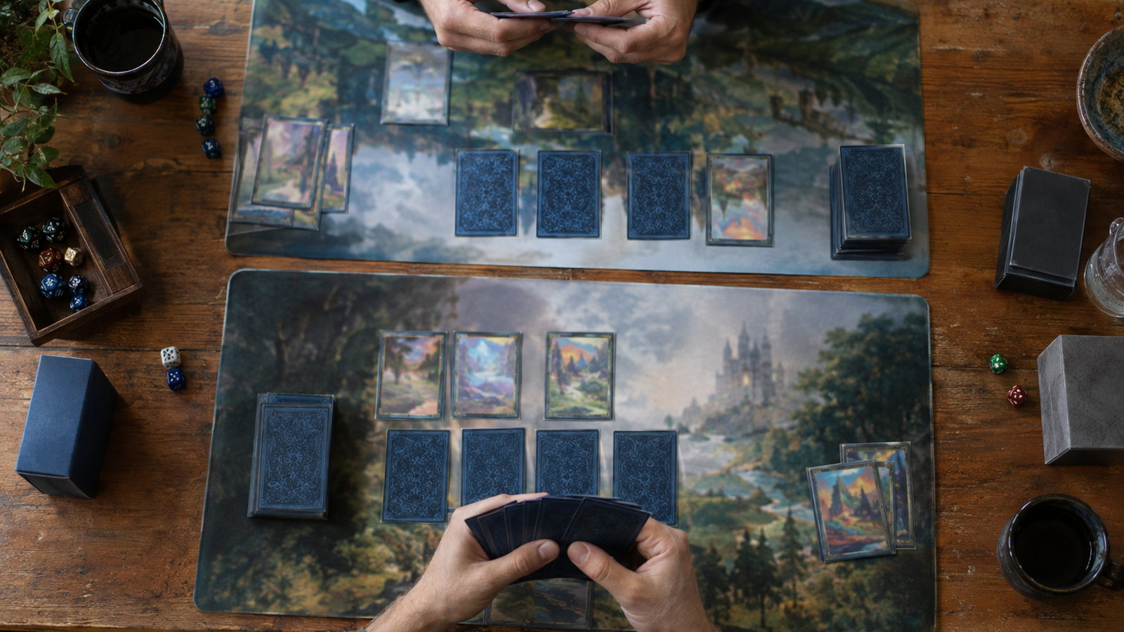 Ein laufendes Kartenspiel auf zwei Spielmatten, von oben fotografiert