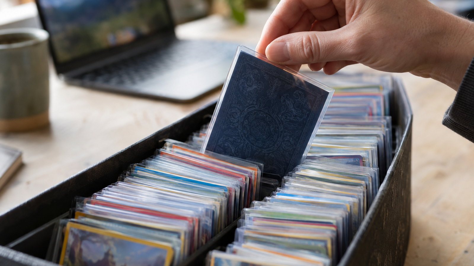 A hand pulls a card from a full storage box