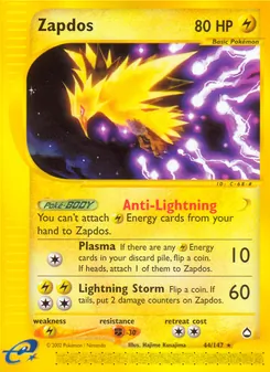 Zapdos, card 44 from Aquapolis